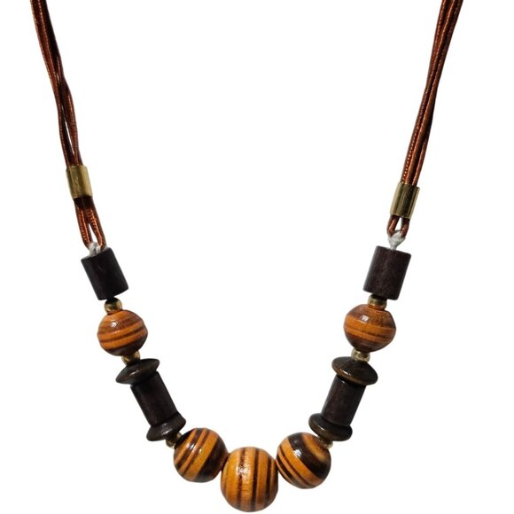 Boho Wooden Beaded Necklace Striped Orange Brown Beads Retro 60s 70s Jewelry - Picture 1 of 5